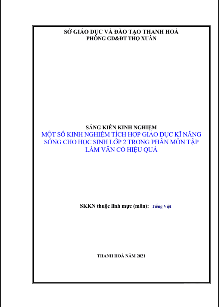 SKKN Một số kinh nghiệm tích hợp giáo dục kĩ năng sống cho học sinh lớp 2 trong phân môn tập làm văn có hiệu quả