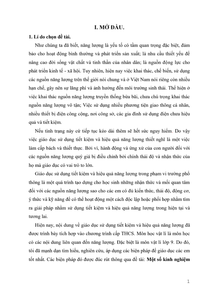 SKKN Một số kinh nghiệm tích hợp “giáo dục sử dụng năng lượng tiết kiệm và hiệu quả” qua môn Vật lí 9