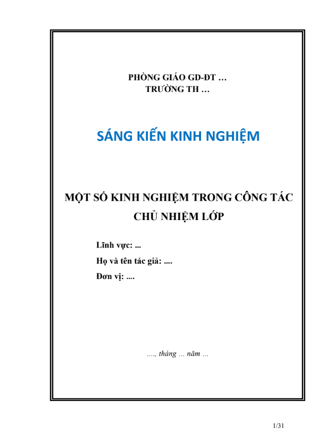 SKKN Một số kinh nghiệm trong công tác chủ nhiệm lớp.