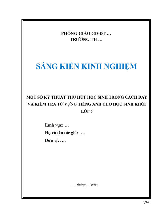 SKKN Một số kỹ thuật thu hút học sinh trong cách dạy và kiểm tra từ vựng Tiếng Anh cho học sinh khối lớp 5