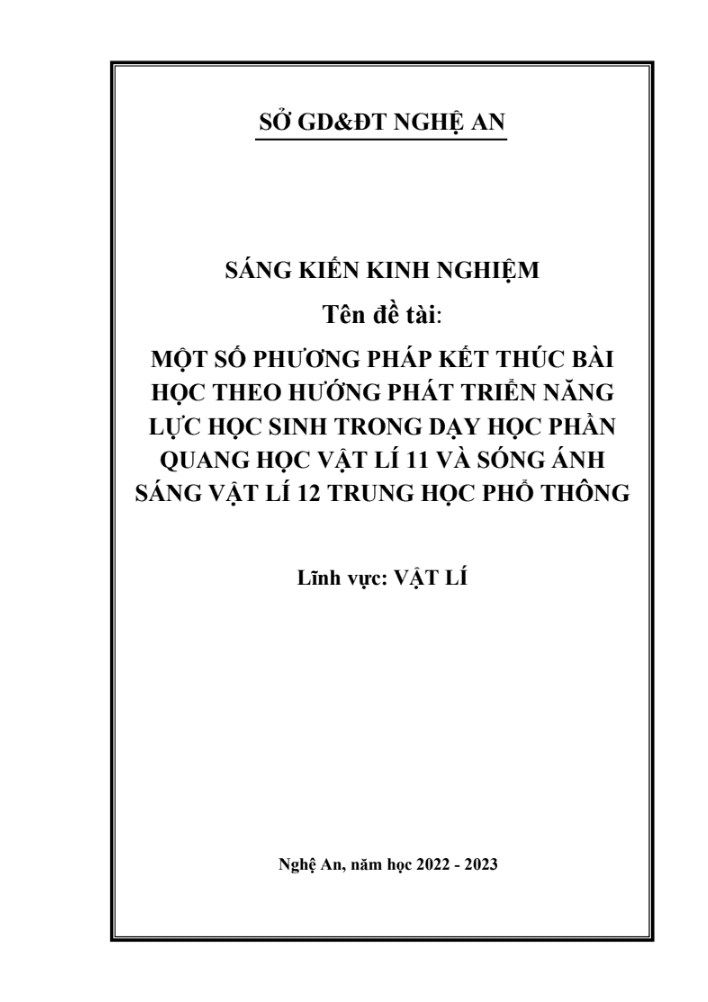 SKKN Một số phương pháp kết thúc bài học theo hướng phát triển năng lực học sinh trong dạy học phần Quang học Vật lí 11 và Sóng ánh sáng Vật lí 12 THPT