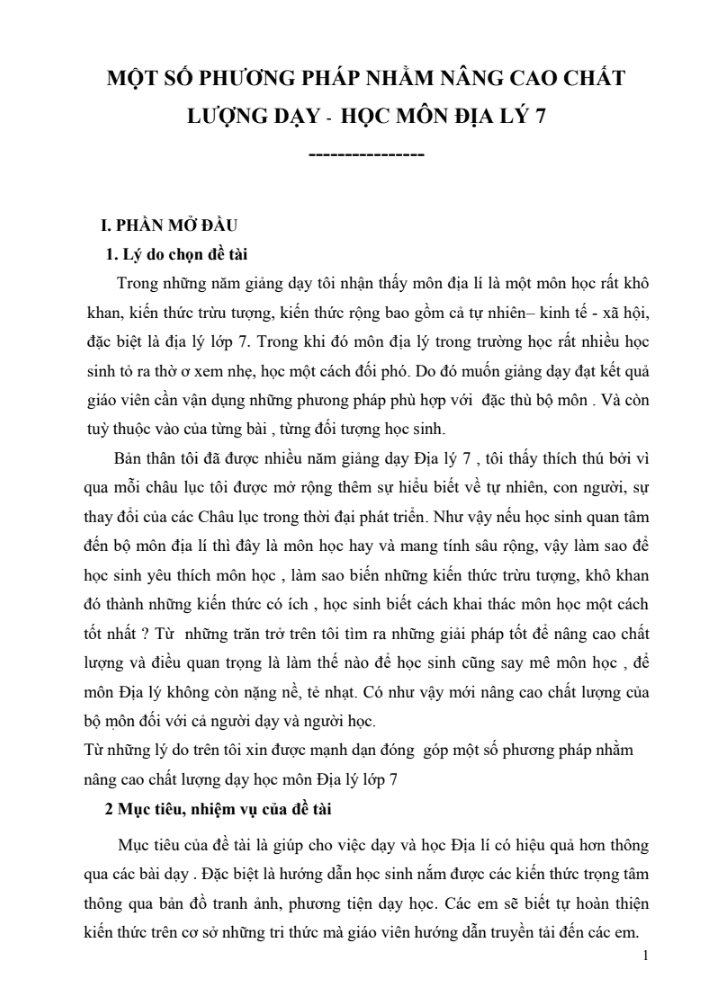 SKKN Một số phương pháp nhằm nâng cao chất lượng dạy – Học môn Địa lí 7