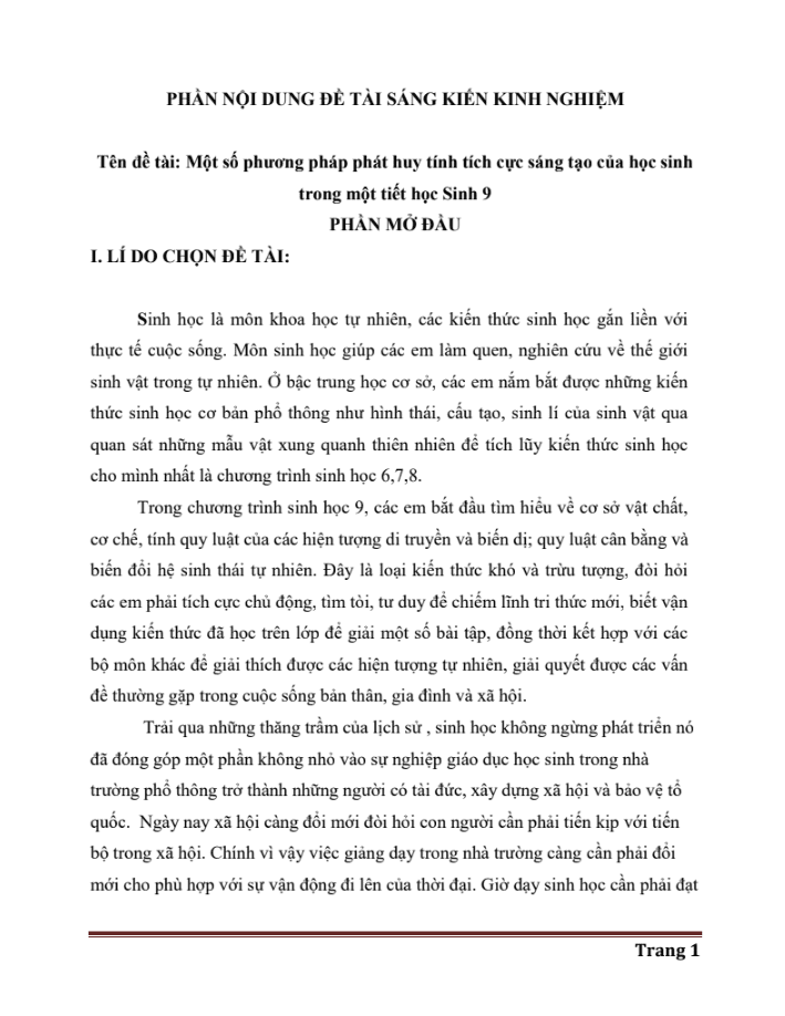 SKKN Một số phương pháp phát huy tính tích cực sáng tạo của học sinh trong một tiết học Sinh 9