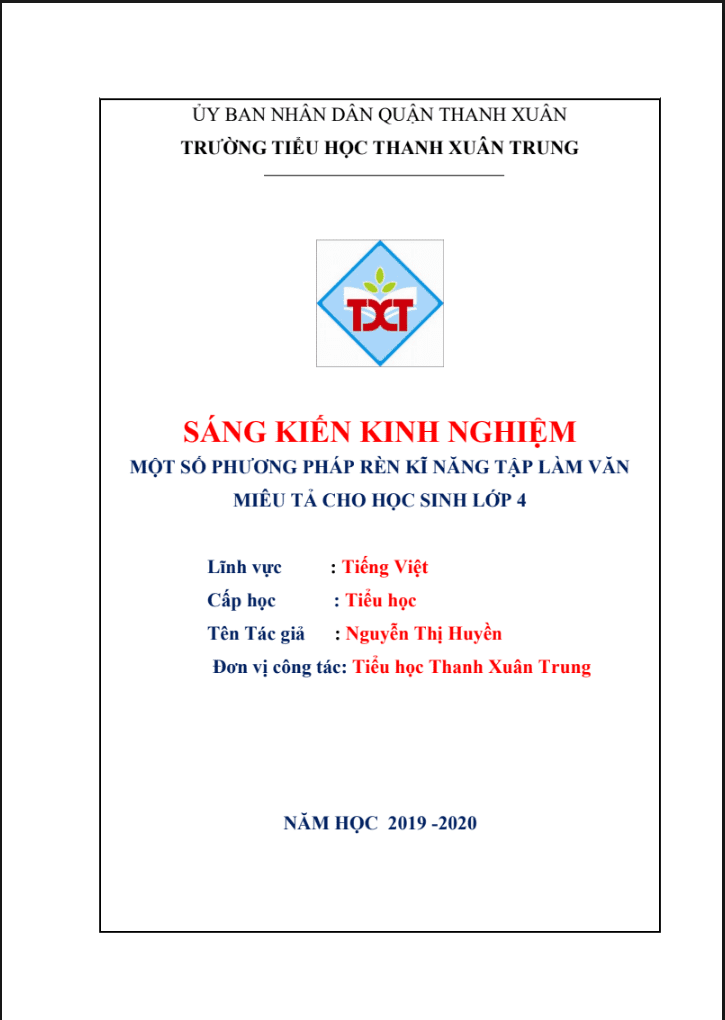 SKKN Một số phương pháp rèn kĩ năng tập làm văn miêu tả cho HS lớp 4