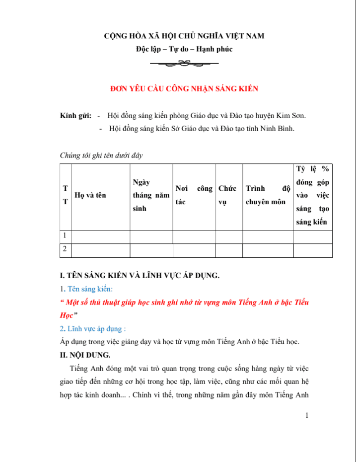 SKKN Một số thủ thuật giúp học sinh nhớ từ vựng môn Tiếng Anh ở bậc Tiểu học