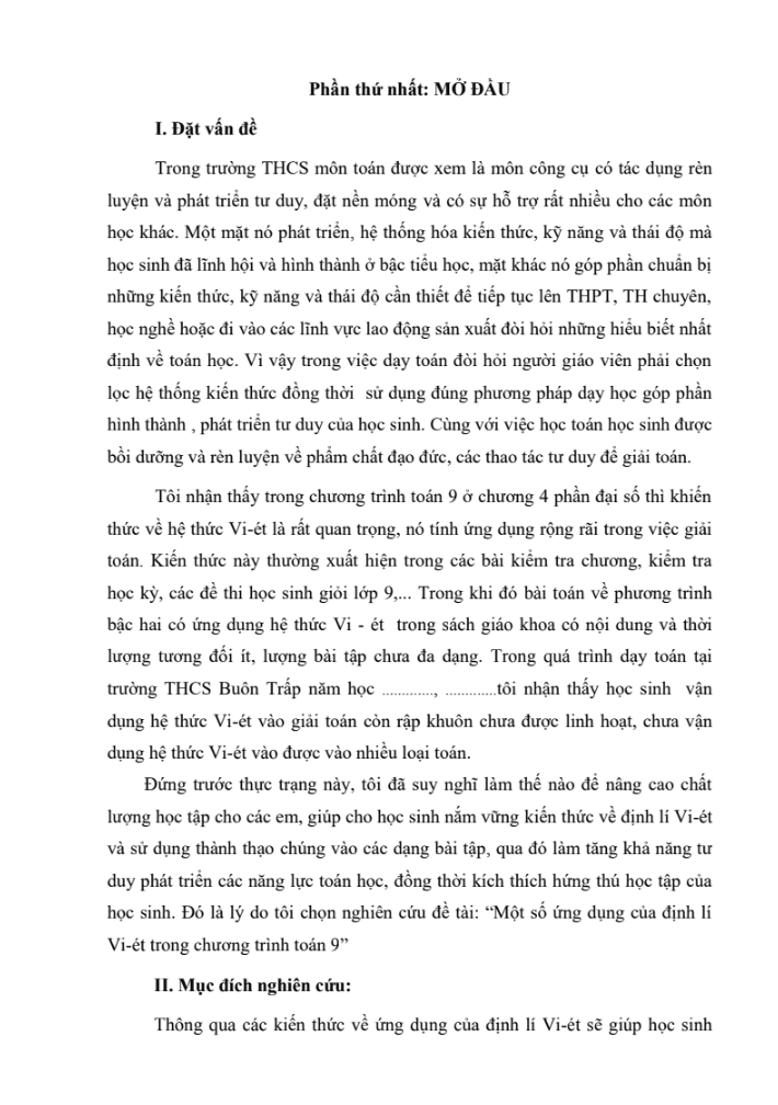 SKKN Một số ứng dụng của định lí Vi-Ét trong chương trình Toán 9