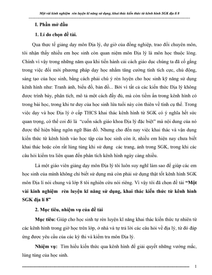 SKKN Một vài kinh nghiệm rèn luyện kĩ năng sử dụng, khai thác kiến thức từ kênh hình sách giáo khoa Địa lí lớp 8