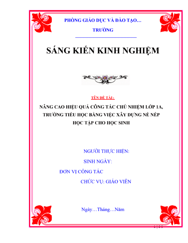 SKKN Nâng cao hiệu quả công tác chủ nhiệm lớp 1A, Trường Tiểu học …1 bằng việc xây dựng nề nếp học tập cho học sinh