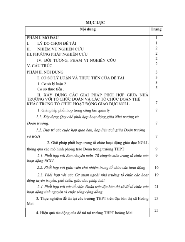 SKKN Nâng cao hiệu quả công tác giáo dục ngoài giờ lên lớp thông qua các hoạt động phối hợp giữa nhà trường với tổ chức đoàn trong trường thpt