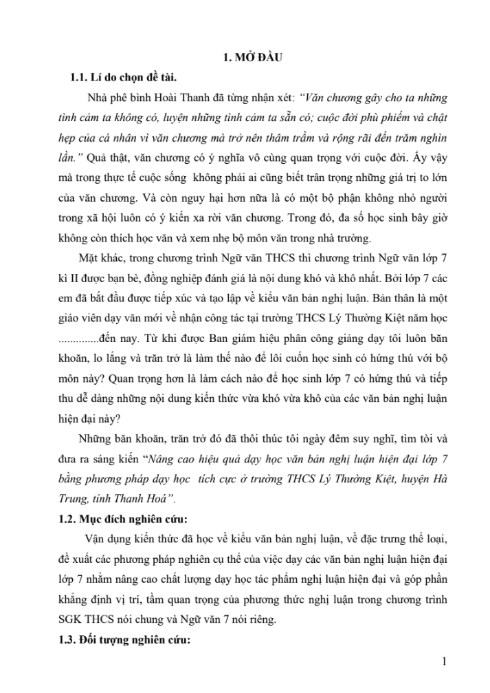 SKKN Nâng cao hiệu quả dạy học văn bản nghị luận hiện đại lớp 7 bằng phương pháp dạy học tích cực