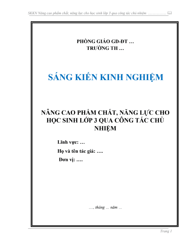 SKKN Nâng cao phẩm chất, năng lực cho học sinh lớp 3 qua công tác chủ nhiệm