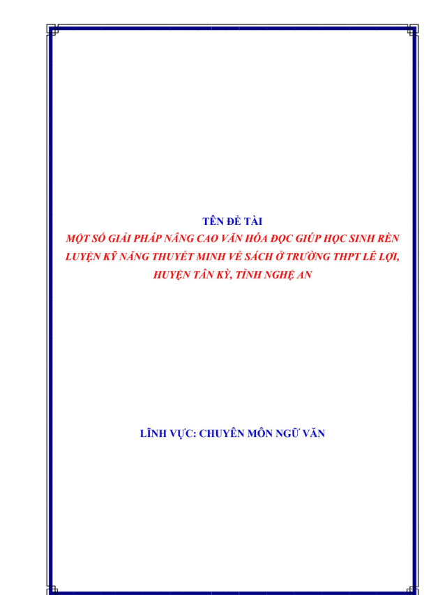 SKKN Nâng cao văn hóa đọc nhằm rèn luyện kỹ năng thuyết minh về sách cho học sinh tại trường trung học phổ thông Lê Lợi