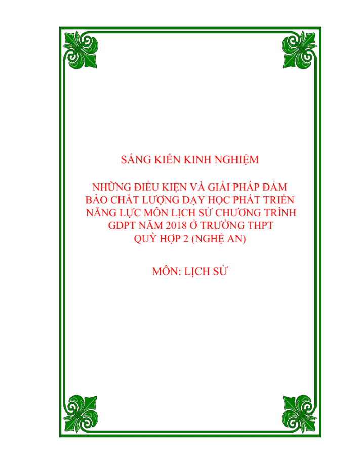 SKKN Những điều kiện và giải pháp đảm bảo chất lượng dạy học phát triển năng lực môn Lịch sử chương trình GDPT năm 2018 ở trường THPT Quỳ Hợp 2 (Nghệ An)