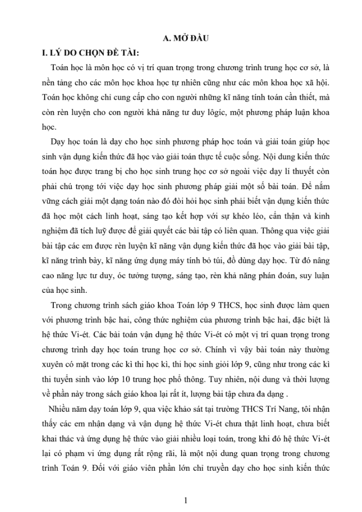 SKKN Phân loại các dạng toán ứng dụng Định lí Vi-Ét chương trình toán 9