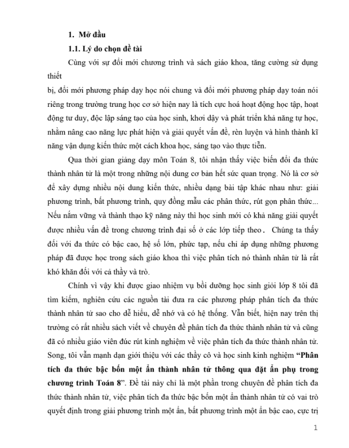 SKKN Phân tích đa thức bậc bốn một ẩn thành nhân tử thông qua đặt ẩn phụ trong chương trình Toán 8