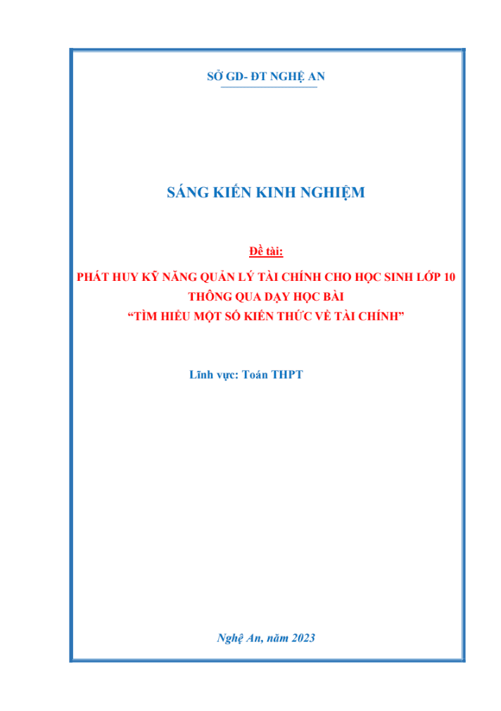 SKKN Phát huy kỹ năng quản lý tài chính cho học sinh lớp 10 thông qua dạy học bài “tìm hiểu một số kiến thức về tài chính”