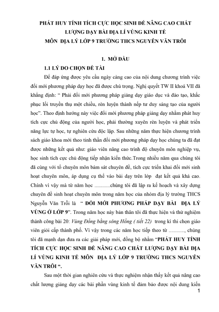 SKKN Phát huy tính tích cực học sinh để nâng cao chất lượng dạy bài Địa lí vùng kinh tế môn Địa lý lớp 9