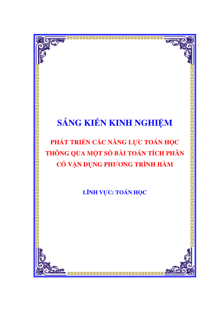 SKKN Phát triển các năng lực toán học thông qua một số bài toán tích phân có vận dụng phương trình hàm