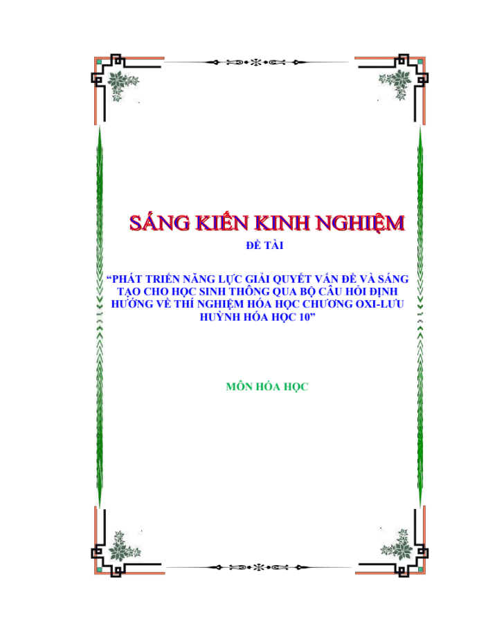 SKKN Phát triển năng lực giải quyết vấn đề và sáng tạo cho học sinh thông qua bộ câu hỏi định hướng về thí nghiệm hóaa học chương Oxi-lưu huỳnh hoa học 10