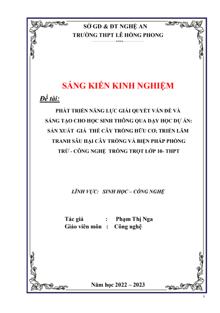 SKKN Phát triển năng lực giải quyết vấn đề và sáng tạo cho học sinh thông qua dạy học dự án: sản xuất giá thể cây trồng hữu cơ; triển lãm tranh sâu hại cây trồng và biện pháp phòng trừ – công nghệ trồng trọt lớp 10- thpt