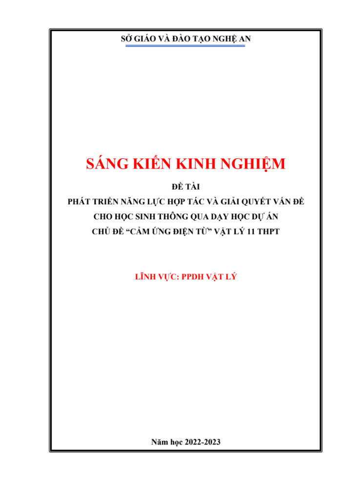 SKKN Phát triển năng lực hợp tác và giải quyết vấn đề cho học sinh thông qua dạy học dự án chủ đề “Cảm ứng điện từ” vật lý 11 trung học phổ thông (THPT)