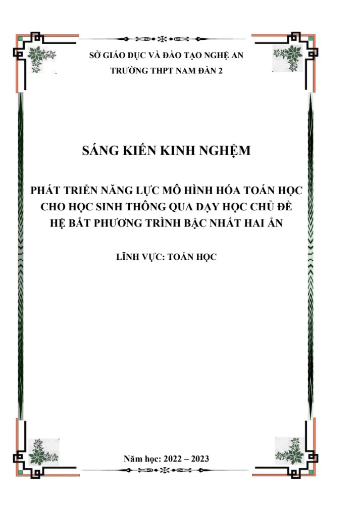 SKKN Phát triển năng lực mô hình hóa toán học cho học sinh thông qua dạy học chủ đề hệ bất phương trình bậc nhất hai ẩn