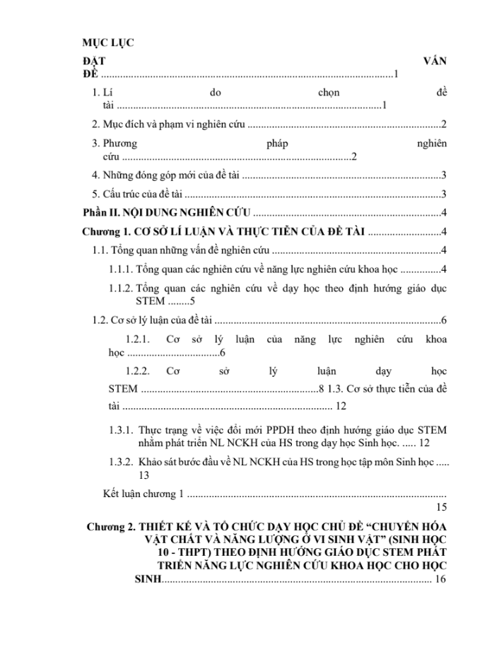 SKKN Phát triển năng lực nghiên cứu khoa học cho học sinh trong dạy học chủ đề “chuyển hóa vật chất và năng lượng ở vi sinh vật ” (sinh học 10 – thpt) với vấn đề ứng dụng vi sinh vật để xử lí nước thải chăn nuôi theo định hướng giáo dục stem