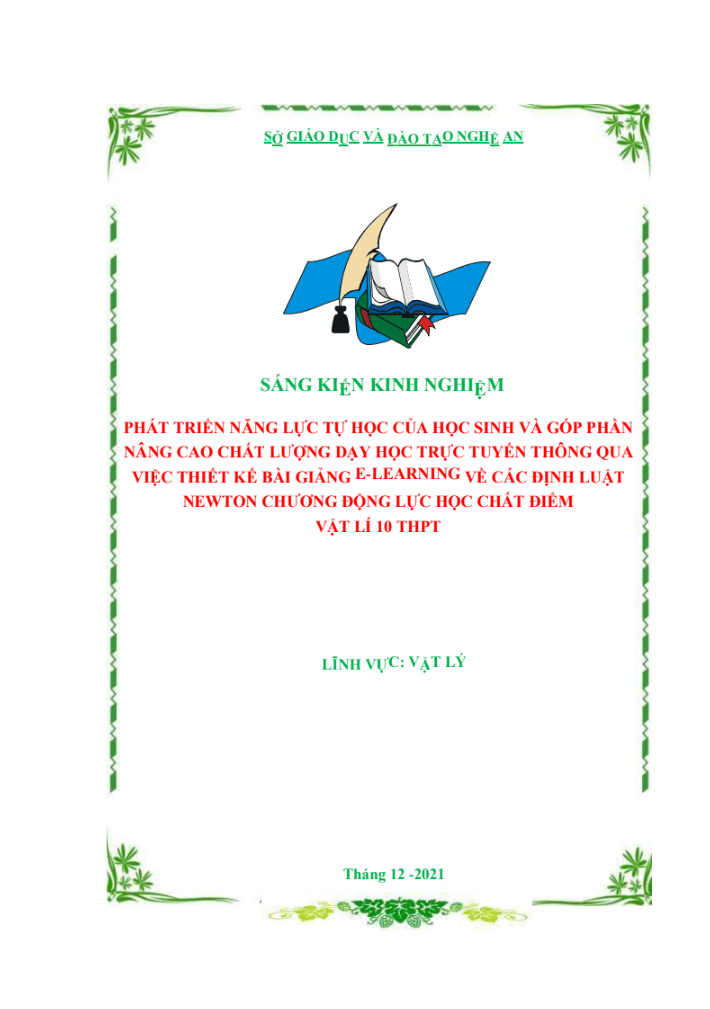 SKKN Phát triển năng lực tự học của học sinh và góp phần nâng cao chất lượng của việc dạy học trực tuyến thông qua việc thiết kế một số bài giảng E- Learning Các định luật Newton phần Động lực học chất điểm Vật Lí lớp 10 THPT.
