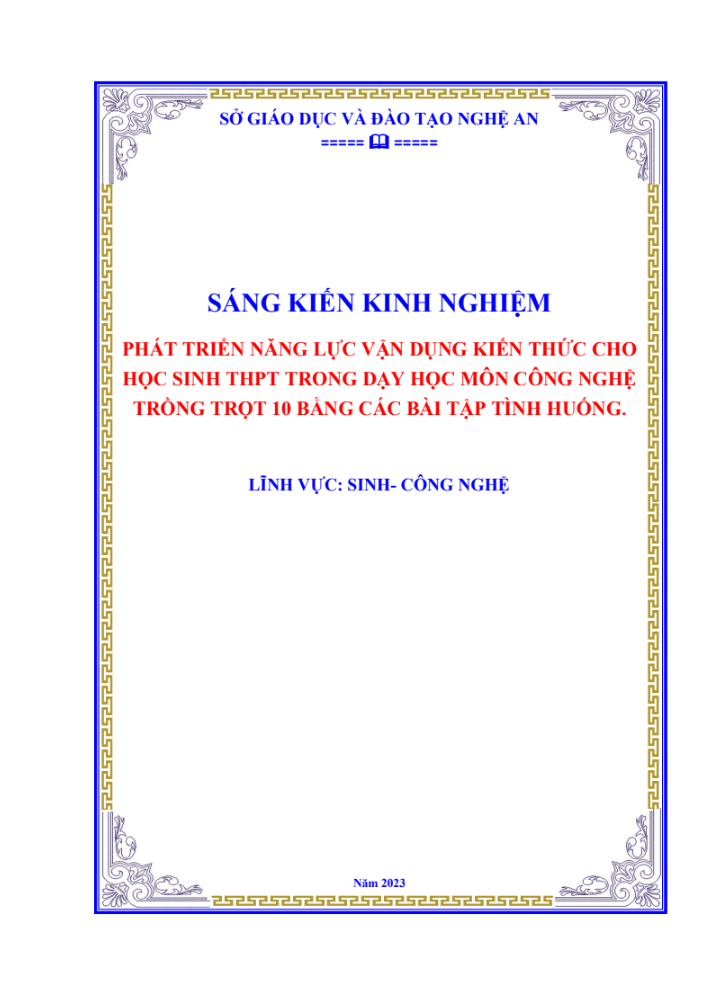 SKKN Phát triển năng lực vận dụng kiến thức cho học sinh thpt trong dạy học môn công nghệ trồng trọt 10 bằng các bài tập tình huống.