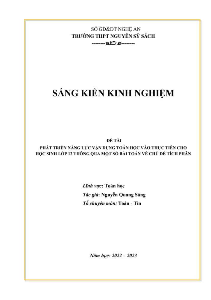 SKKN Phát triển năng lực vận dụng toán học vào thực tiễn cho học sinh lớp 12 thông qua một số bài toán về chủ đề tích phân
