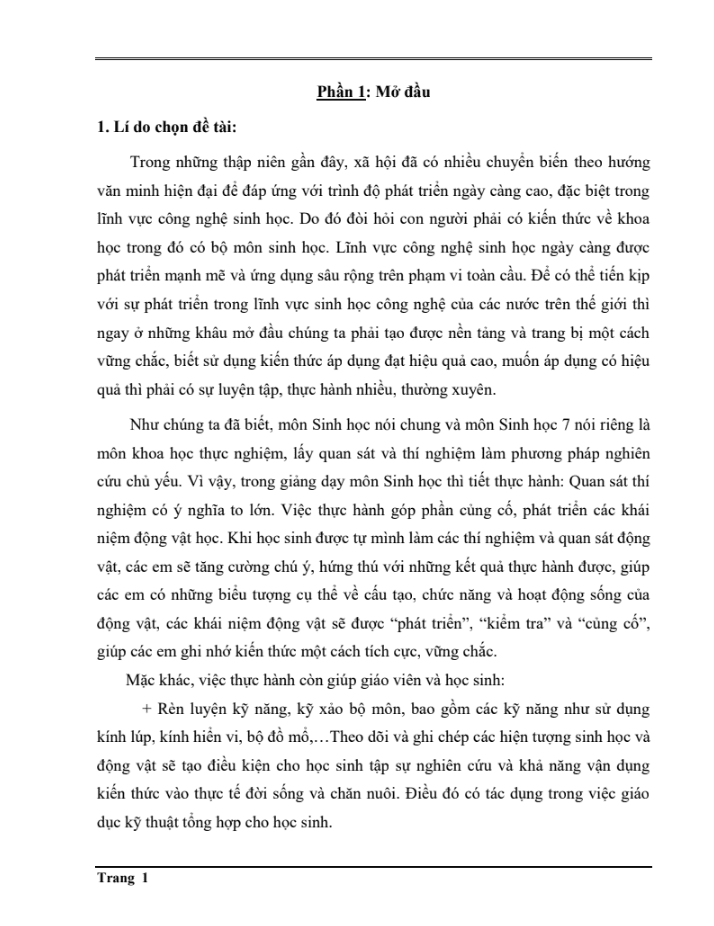 SKKN Phương pháp giảng dạy các bài thực hành trong môn Sinh học 7