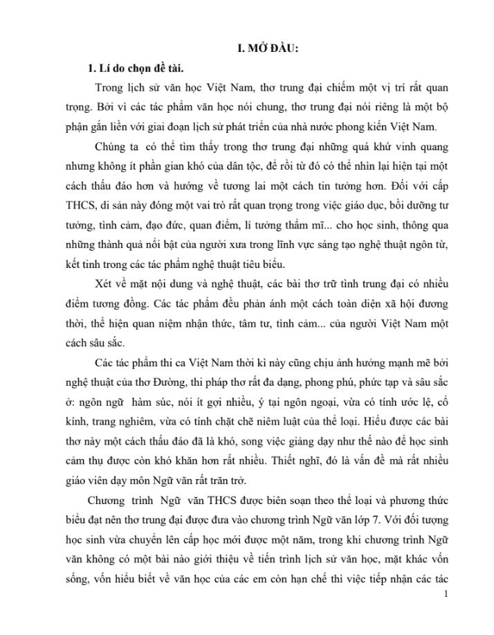 SKKN Phương pháp giảng dạy các tác phẩm thơ trữ tình trung đại Việt Nam lớp 7 thông qua đặc trưng thể loại