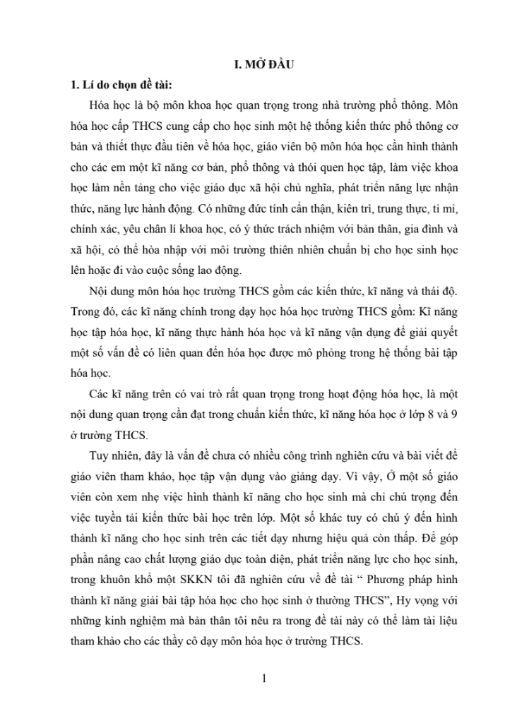 SKKN Phương pháp hình thành kĩ năng giải bài tập hóa học cho học sinh ở thường THCS