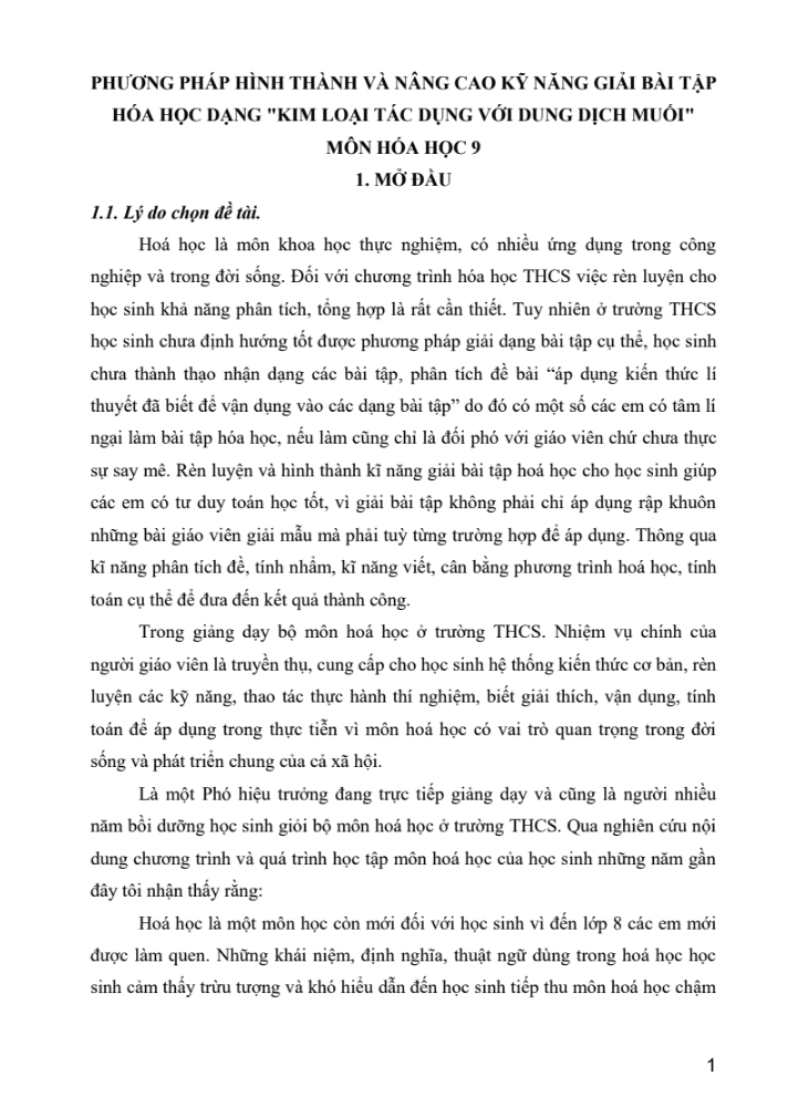 SKKN Phương pháp hình thành và nâng cao kỹ năng giải bài tập hóa học dạng “kim loại tác dụng với dung dịch muối” môn Hóa học 9