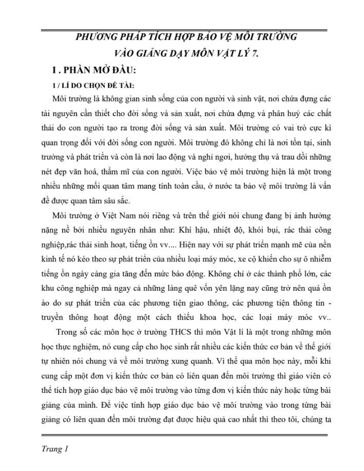 SKKN Phương pháp tích hợp bảo vệ môi trường vào giảng dạy môn Vật Lý 7