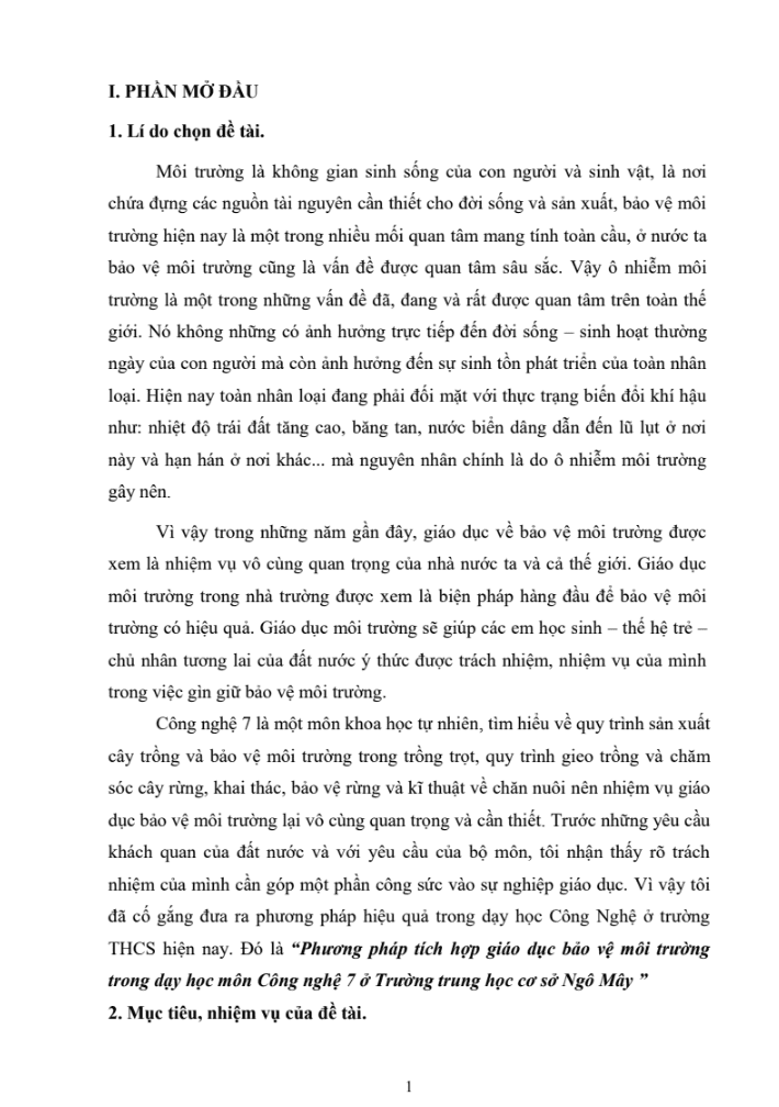 SKKN Phương pháp tích hợp giáo dục bảo vệ môi trường trong dạy học môn Công nghệ 7