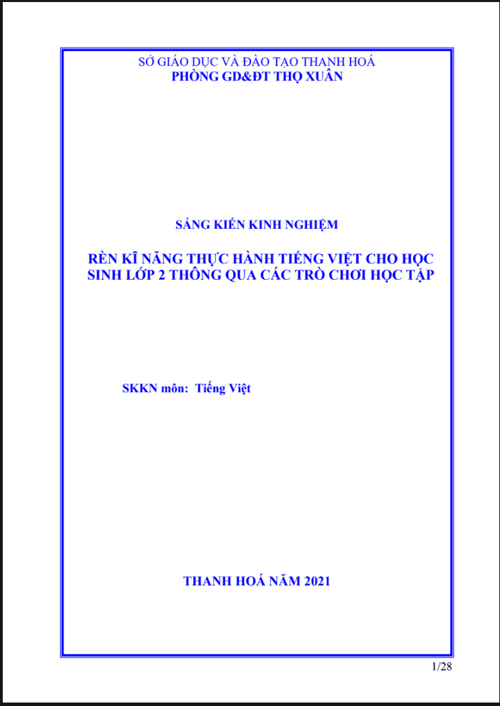 SKKN Rèn kĩ năng thực hành tiếng việt cho học sinh lớp 2 thông qua các trò chơi học tập