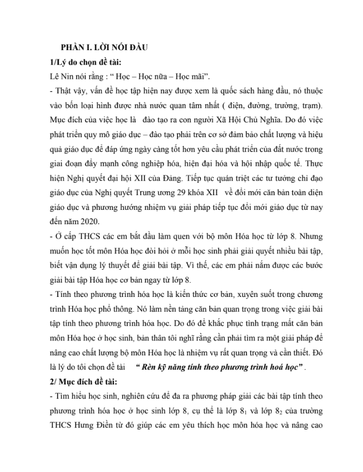 SKKN Rèn kĩ năng tính theo phương trình Hóa học cho học sinh lớp 8