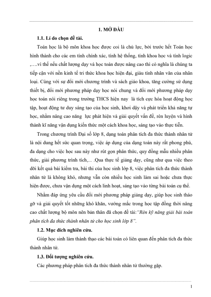 SKKN Rèn kỹ năng giải bài toán phân tích đa thức thành nhân tử cho học sinh lớp 8