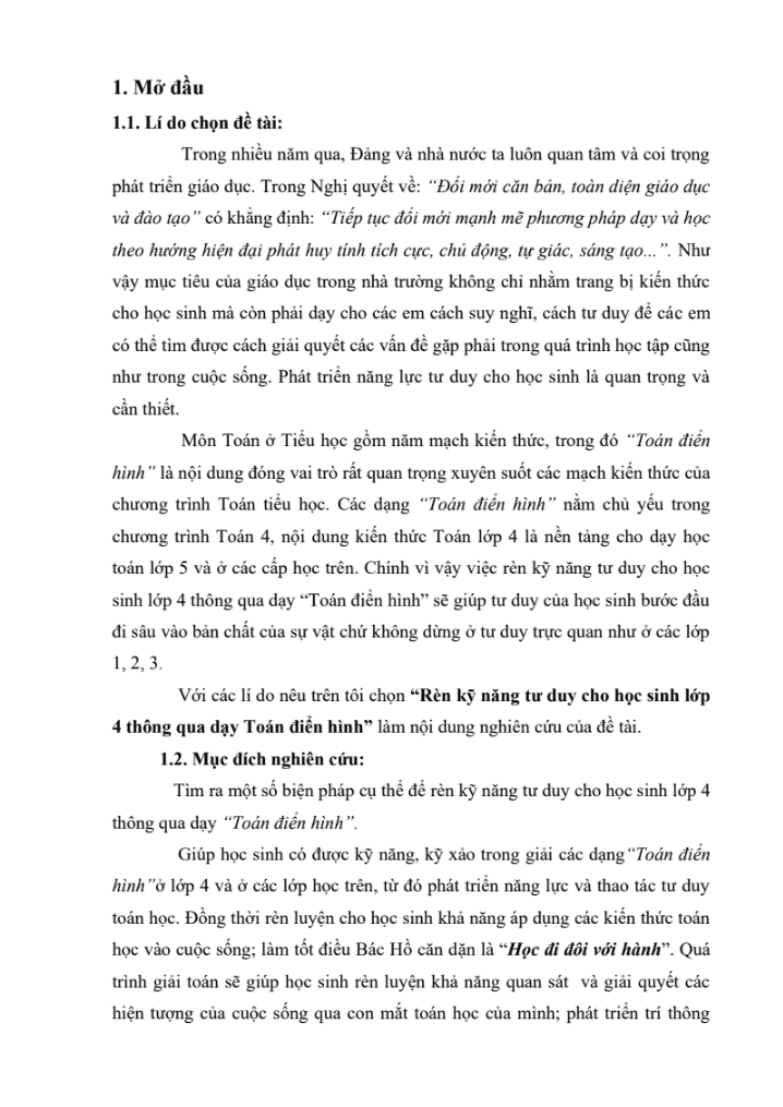 SKKN Rèn kỹ năng tư duy cho học sinh lớp 4 thông qua dạy Toán điển hình