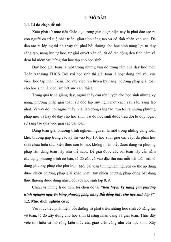 SKKN Rèn luyện kỹ năng giải phương trình nghiệm nguyên bằng phương pháp dùng Bất đẳng thức cho học sinh lớp 9