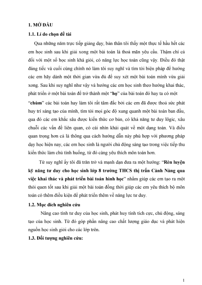 SKKN Rèn luyện kỹ năng tư duy cho học sinh lớp 8 trường THCS thị trấn Cành Nàng qua việc khai thác và phát triển bài toán Hình Học