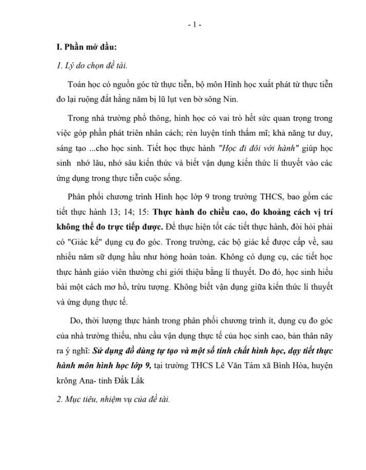SKKN Sử dụng đồ dùng tự tạo và một số tính chất hình học, dạy tiết thực hành môn Hình lớp 9