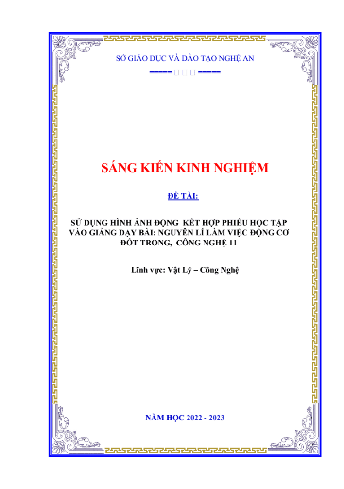 SKKN Sử dụng hình ảnh động kết hợp phiếu học tập vào giảng dạy bài: nguyên lí làm việc động cơ đốt trong, công nghệ 11