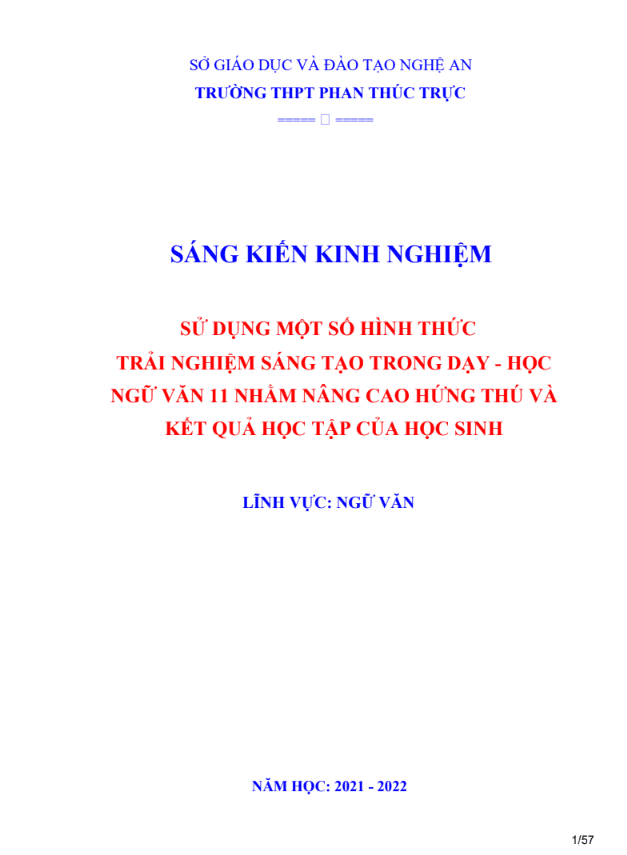 SKKN Sử dụng một số hình thức trải  nghiệm sáng tạo trong dạy – học Ngữ văn 11 nhằm nâng cao hứng thú và kết quả học tập của học sinh