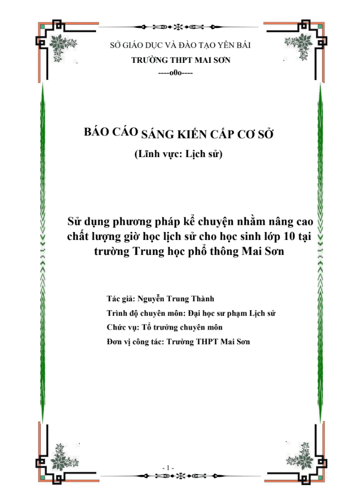 SKKN Sử dụng phương pháp kể chuyện nhằm nâng cao chất lượng giờ học lịch sử cho học sinh lớp 10 tại trường Trung học phổ thông Mai Sơn