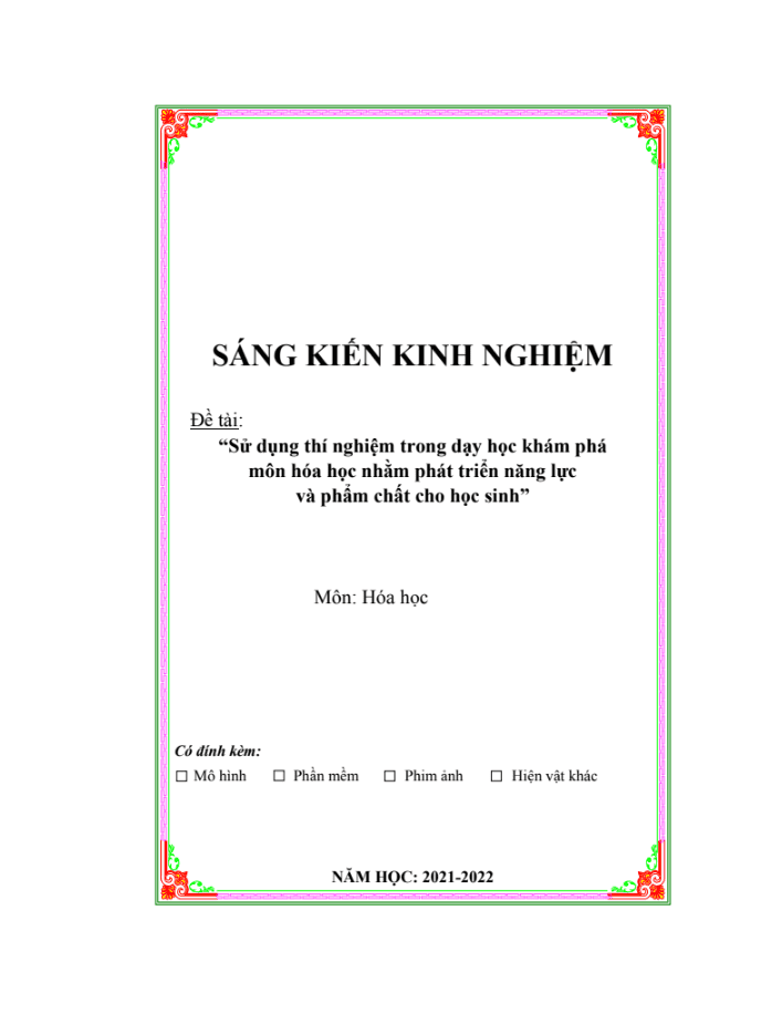 SKKN Sử dụng thí nghiệm trong dạy học khám phá môn hóa học nhằm phát triển năng lực và phẩm chất cho học sinh