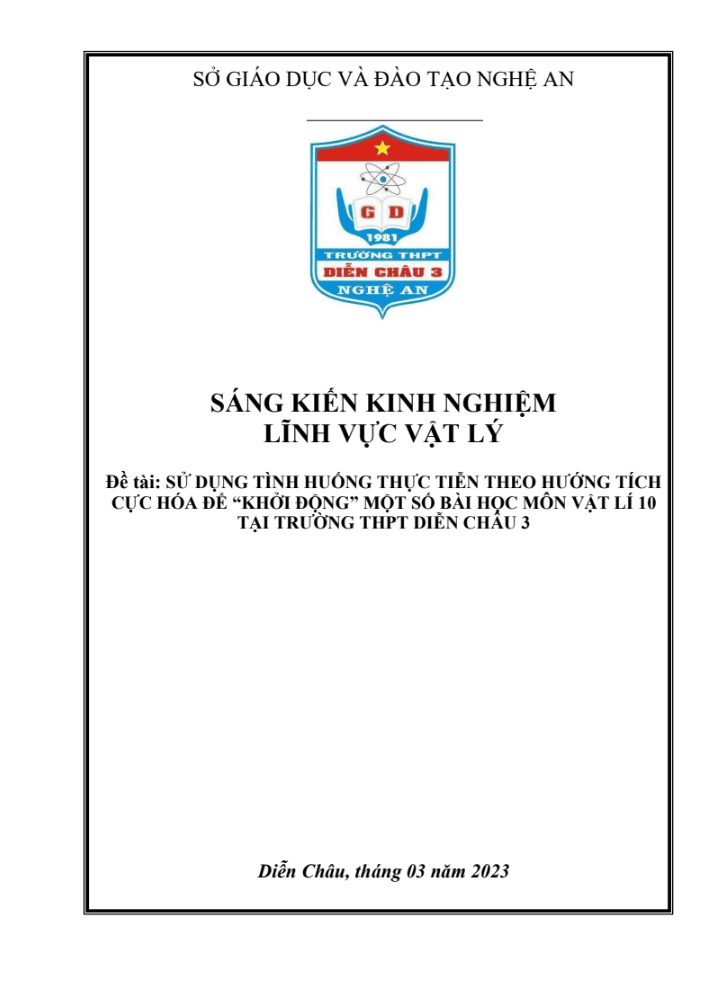 SKKN Sử dụng tình huống thực tiễn theo hướng tích cực hóa để “khởi động” một số bài học môn vật lí 10 tại trường thpt diễn châu 3