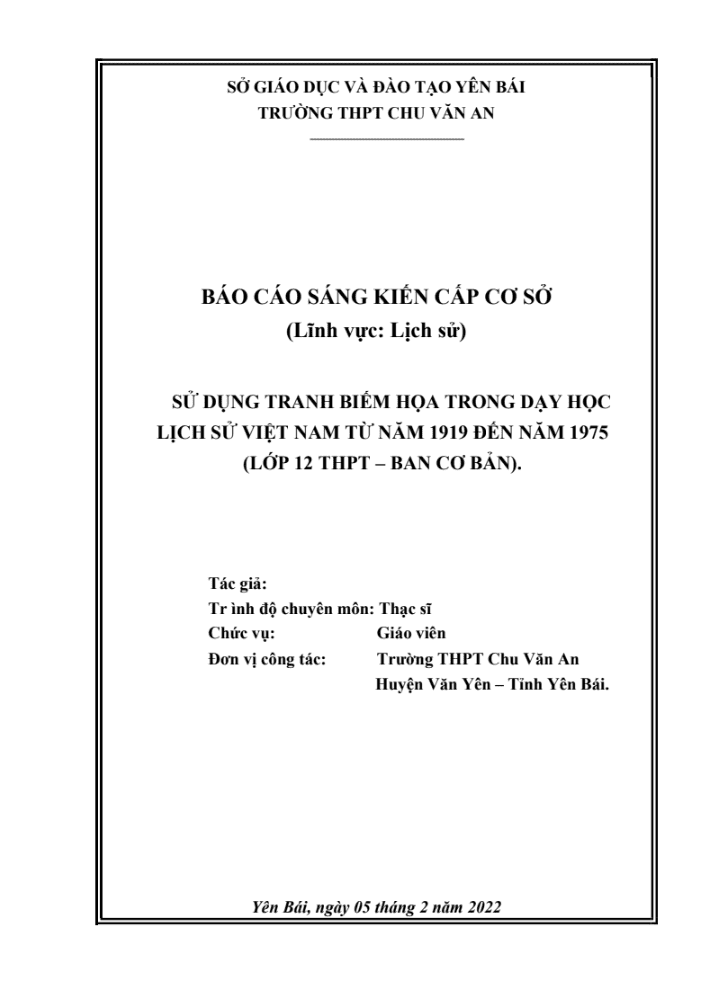 SKKN Sử dụng tranh biếm họa trong dạy học Lịch sử Việt Nam từ năm 1919 đến năm 1975 (Lớp 12 THPT – Ban cơ bản).
