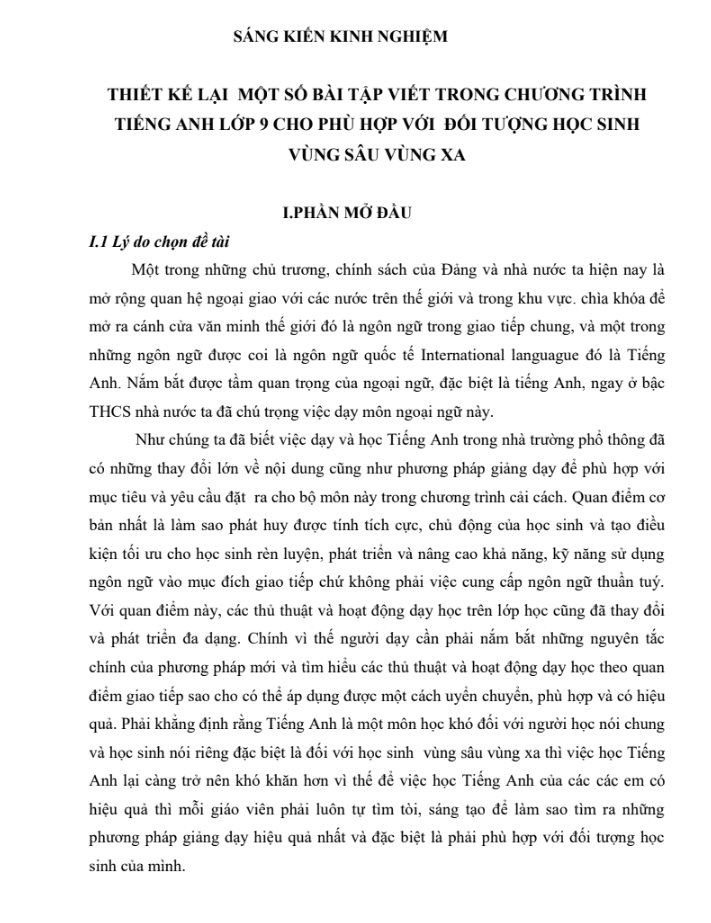 SKKN Thiết kế lại một số bài tập viết trong chương trình tiếng Anh lớp 9 cho phù hợp với đối tượng học sinh vùng sâu vùng xa